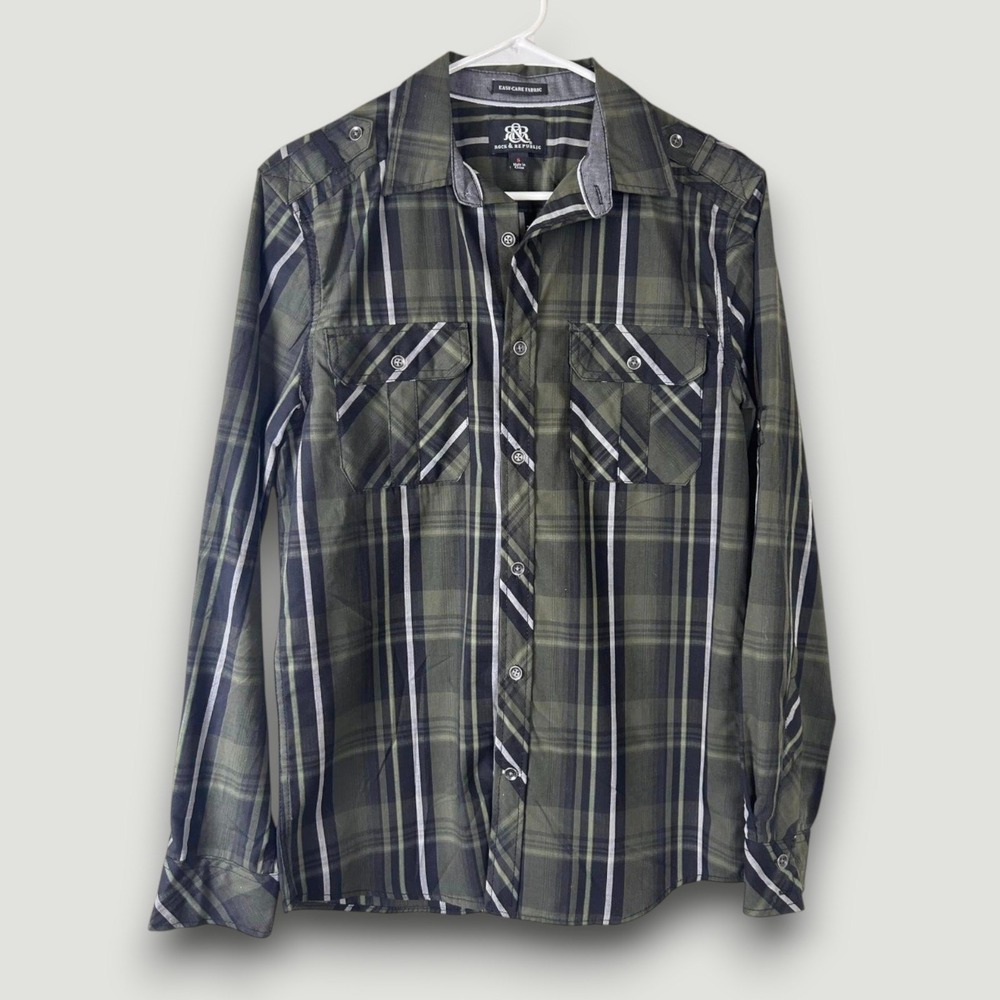 ROCK & REPUBLIC Mens‎ Shirt S Green Black Plaid Long Sleeve Button Up Casual - Picture 3 of 6